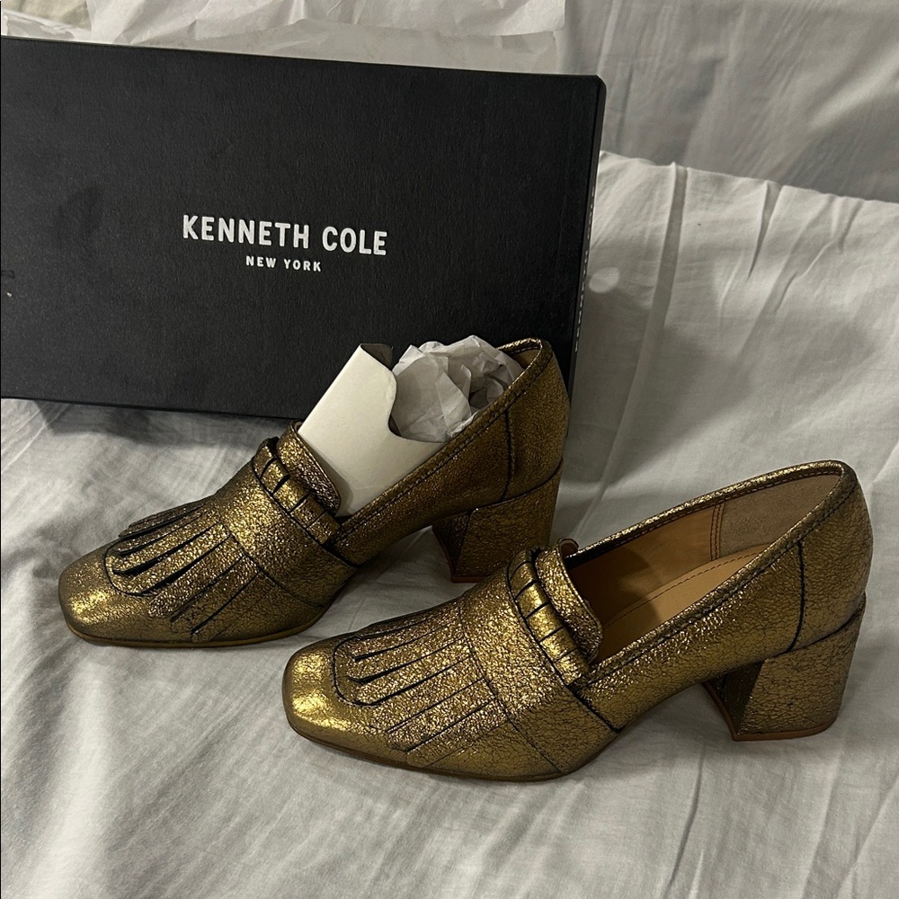 Kenneth Cole Metallic Gold Block Heel Loafers
